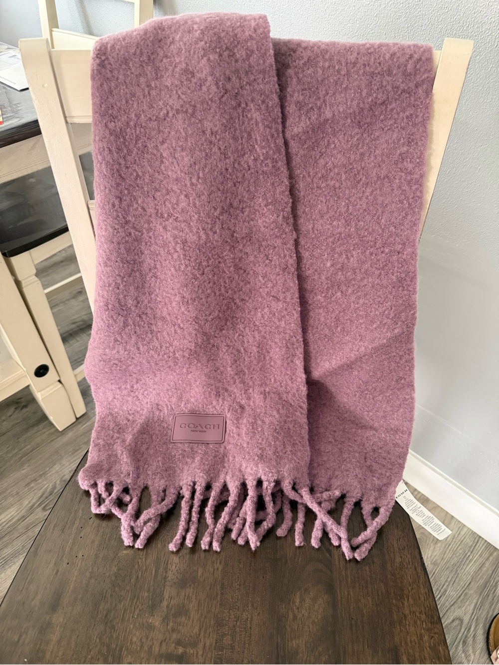 Coach Lavender Fuzzy Alpaca Scarf with Fringe - Picture 3 of 3